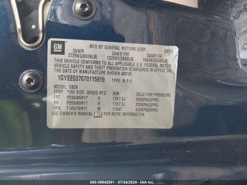 2007 Cadillac Srx VIN: 1GYEE637670115919 Lot: 39942551