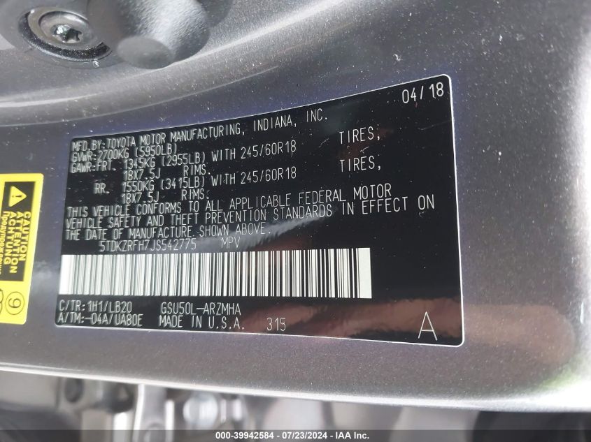 2018 Toyota Highlander Xle VIN: 5TDKZRFH7JS542775 Lot: 39942584