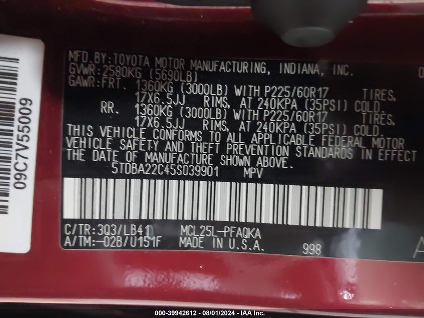 2005 Toyota Sienna Xle/Xle Limited VIN: 5TDBA22C45S039901 Lot: 39942612