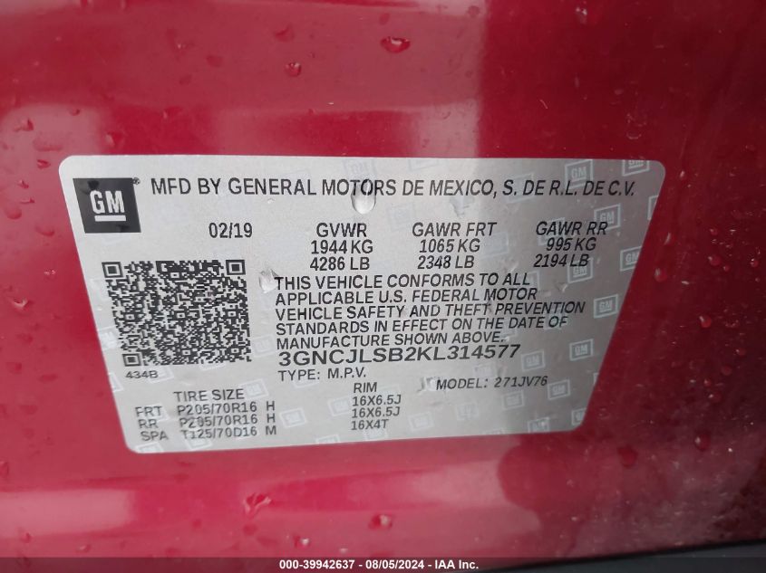 2019 Chevrolet Trax Lt VIN: 3GNCJLSB2KL314577 Lot: 39942637