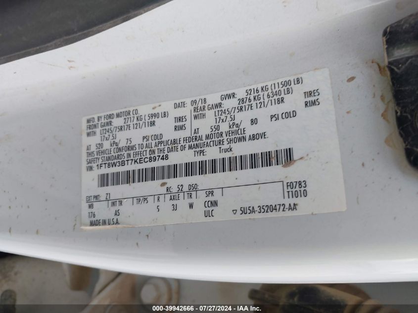 2019 Ford F-350 Xl VIN: 1FT8W3BT7KEC89748 Lot: 39942666