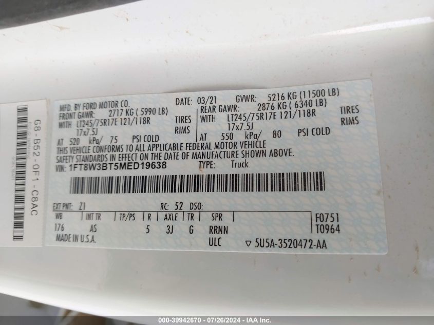 2021 Ford F-350 Xl VIN: 1FT8W3BT5MED19638 Lot: 39942670
