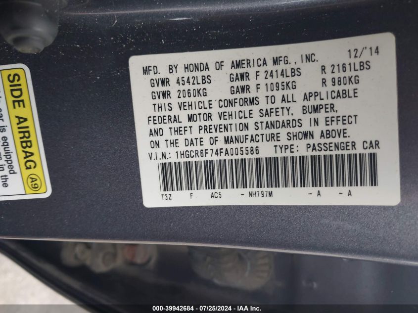 1HGCR6F74FA005586 2015 Honda Accord Hybrid Touring