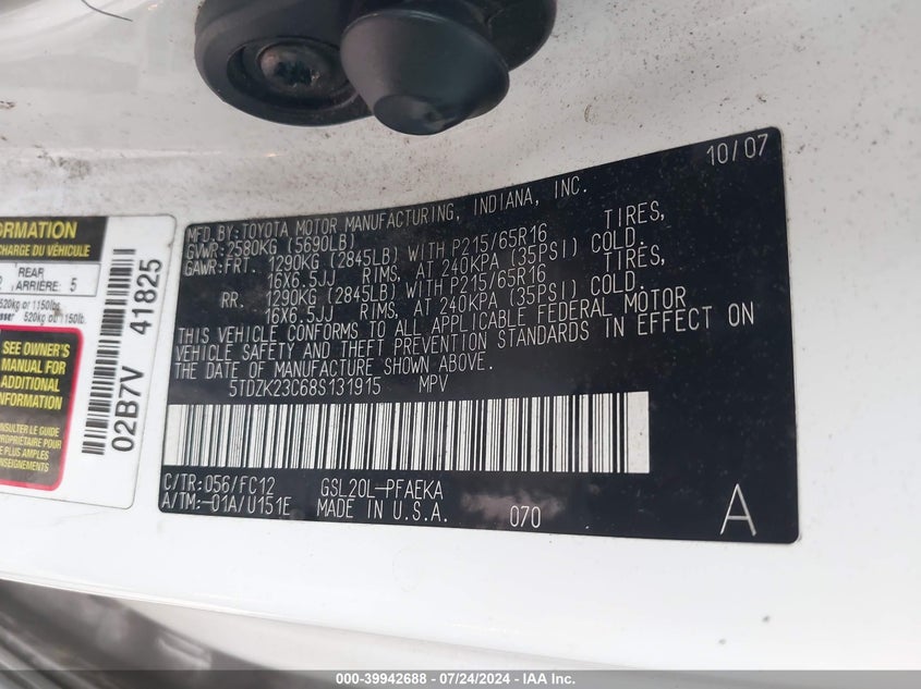 2008 Toyota Sienna Le VIN: 5TDZK23C68S131915 Lot: 39942688