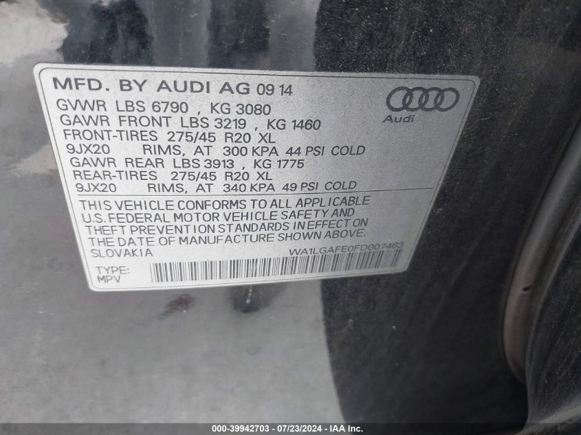2015 Audi Q7 3.0T Premium VIN: WA1LGAFE0FD007463 Lot: 39942703
