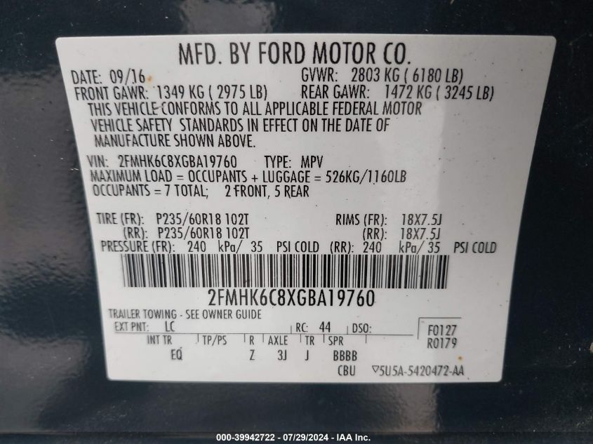 2016 Ford Flex Sel VIN: 2FMHK6C8XGBA19760 Lot: 39942722