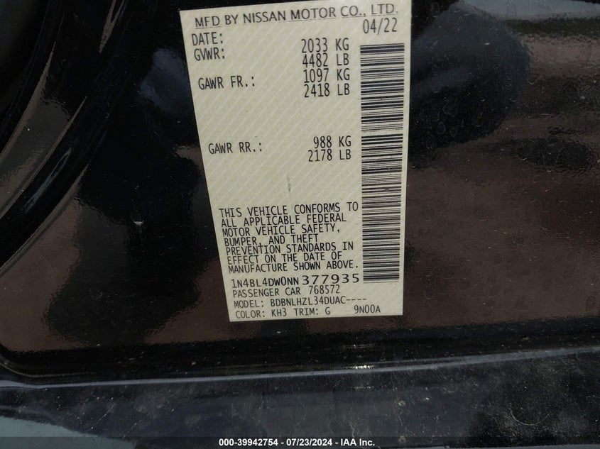 2022 Nissan Altima Sv Intelligent Awd VIN: 1N4BL4DW0NN377935 Lot: 39942754