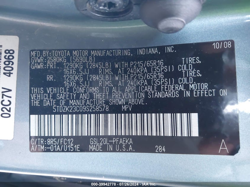 2009 Toyota Sienna Ce/Le VIN: 5TDZK23C09S258578 Lot: 39942778