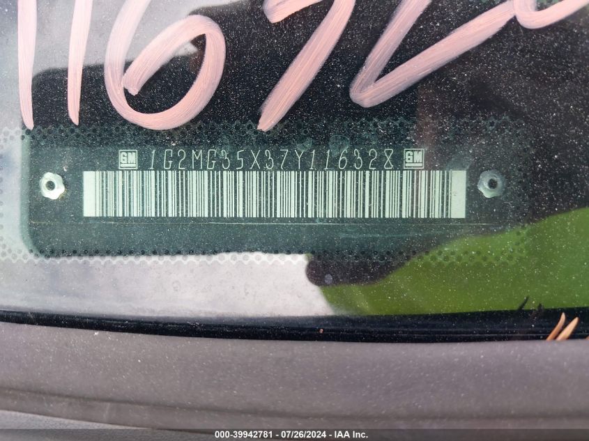 2007 Pontiac Solstice Gxp VIN: 1G2MG35X37Y116328 Lot: 39942781
