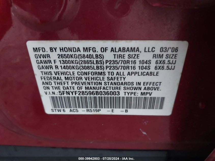 2006 Honda Pilot Ex-L VIN: 5FNYF28596B036003 Lot: 39942803