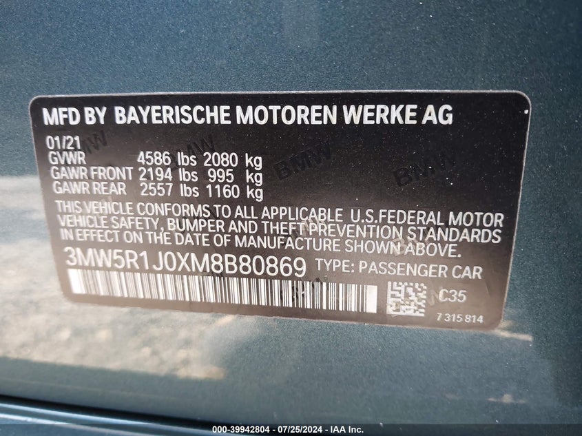 2021 BMW 330I VIN: 3MW5R1J0XM8B80869