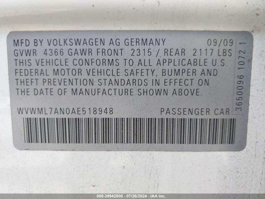 WVWML7AN0AE518948 2010 Volkswagen Cc Sport