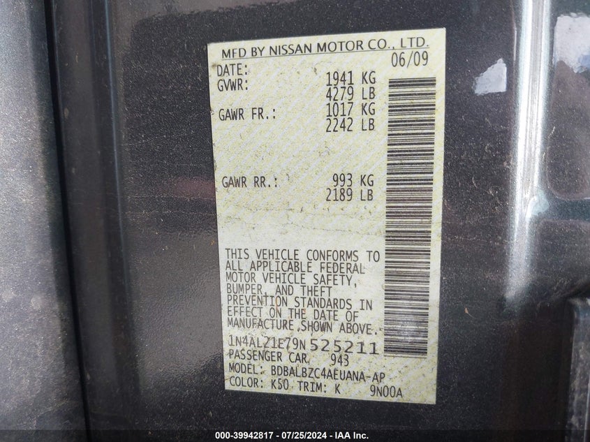 2009 Nissan Altima 2.5 S VIN: 1N4AL21E79N525211 Lot: 39942817