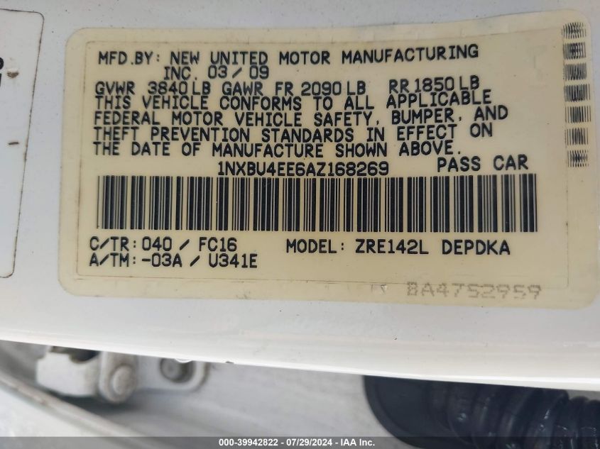 2010 Toyota Corolla Le VIN: 1NXBU4EE6AZ168269 Lot: 39942822