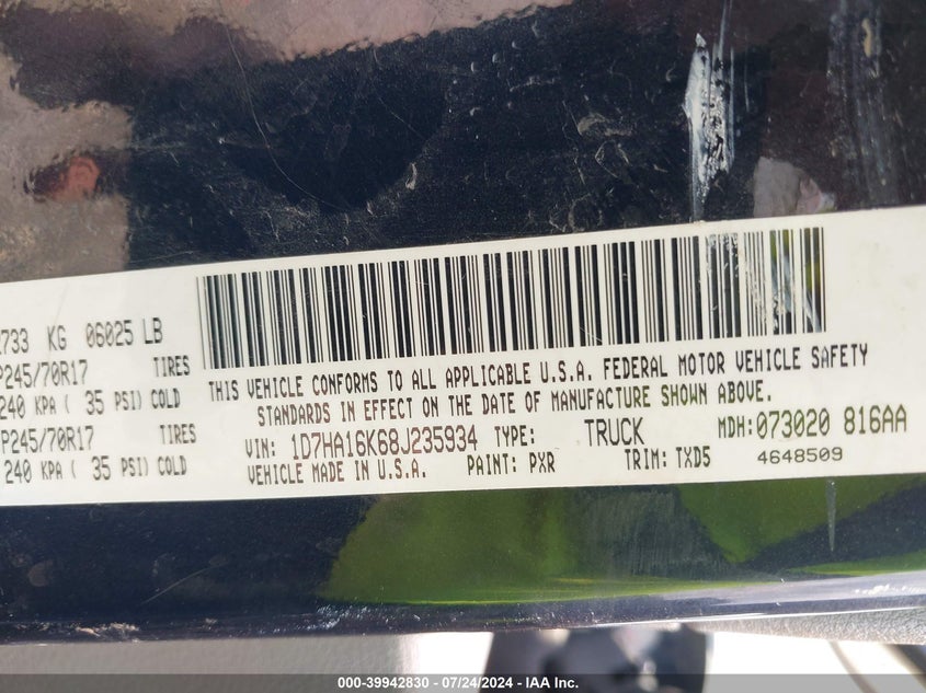 2008 Dodge Ram 1500 St VIN: 1D7HA16K68J235934 Lot: 39942830