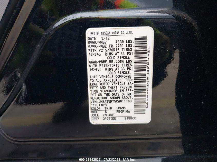 2012 Nissan Rogue S VIN: JN8AS5MT5CW611163 Lot: 39942837