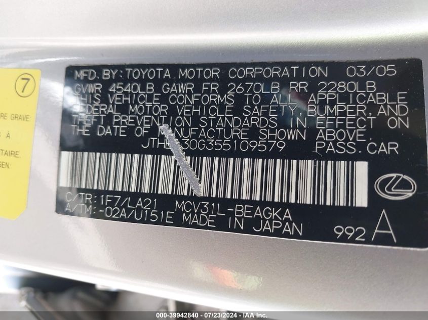 2005 Lexus Es 330 VIN: JTHBA30G355109579 Lot: 39942840