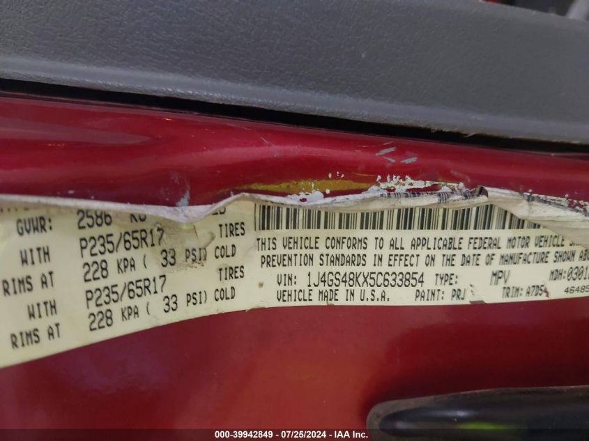 2005 Jeep Grand Cherokee Laredo/Columbia/Freedom VIN: 1J4GS48KX5C633854 Lot: 39942849