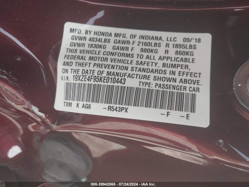 2019 Honda Insight Touring VIN: 19XZE4F95KE010443 Lot: 39942865