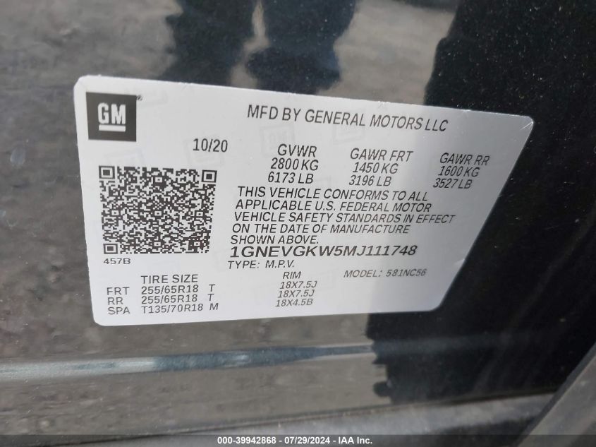 2021 Chevrolet Traverse Lt VIN: 1GNEVGKW5MJ111748 Lot: 39942868