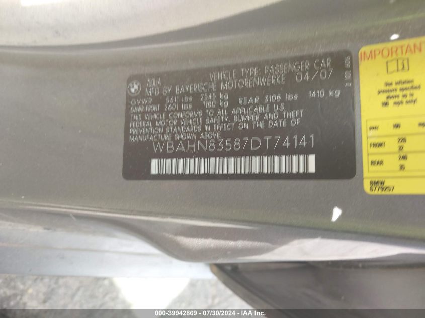 2007 BMW 750Li VIN: WBAHN83587DT74141 Lot: 39942869