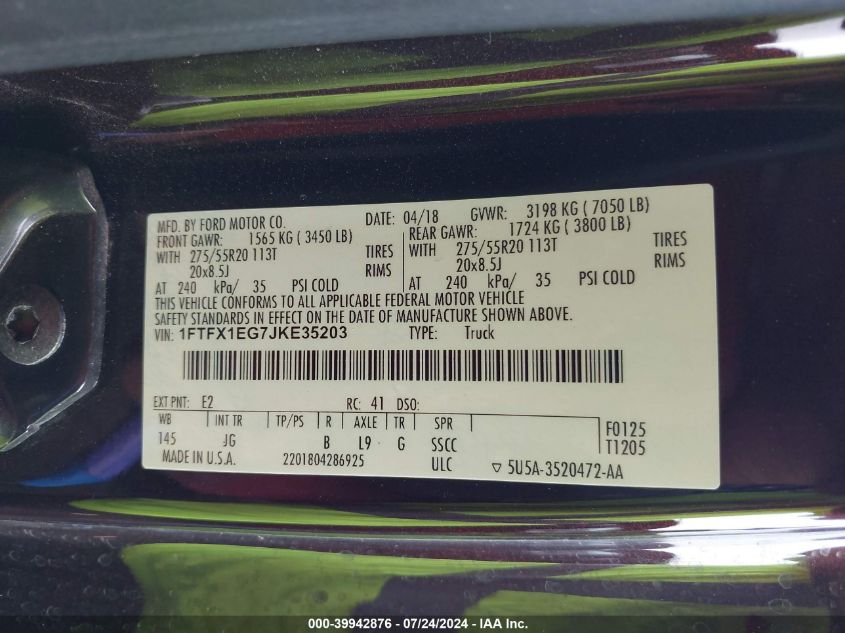2018 Ford F-150 Xl VIN: 1FTFX1EG7JKE35203 Lot: 39942876