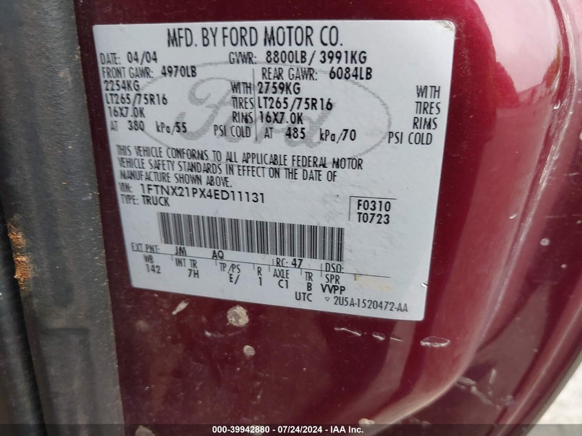 2004 Ford F-250 Lariat/Xl/Xlt VIN: 1FTNX21PX4ED11131 Lot: 39942880