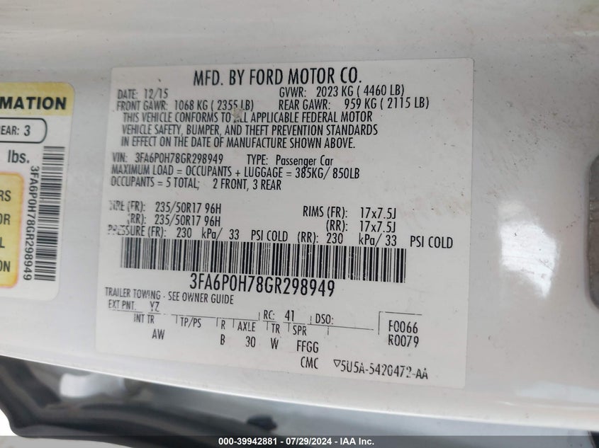 2016 Ford Fusion Se VIN: 3FA6P0H78GR298949 Lot: 39942881