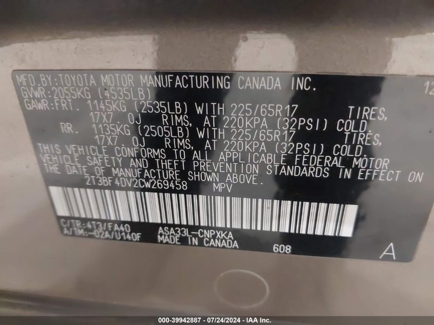 2012 Toyota Rav4 VIN: 2T3BF4DV2CW269458 Lot: 39942887