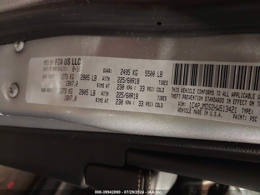 VIN 1C4PJMDS2HW513421 2017 JEEP CHEROKEE LIMITED 4X4