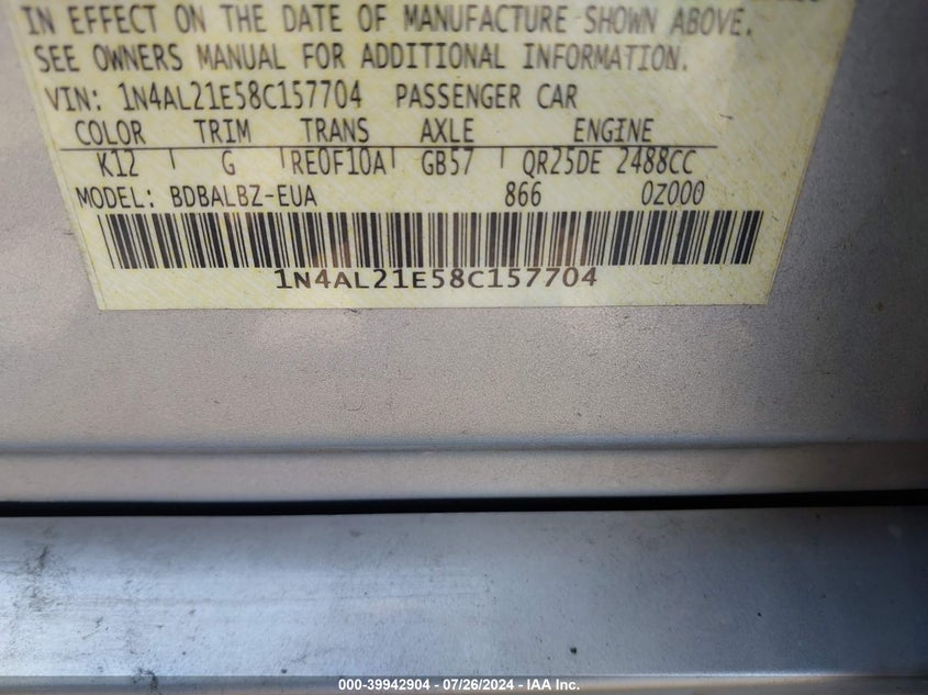 2008 Nissan Altima 2.5/2.5S VIN: 1N4AL21E58C157704 Lot: 39942904