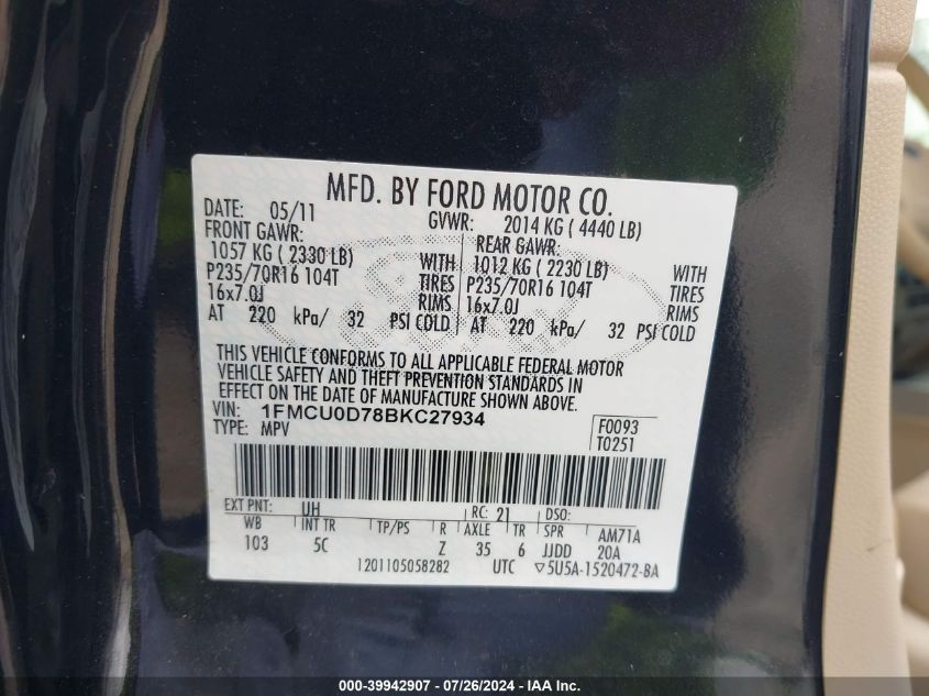 2011 Ford Escape Xlt VIN: 1FMCU0D78BKC27934 Lot: 39942907