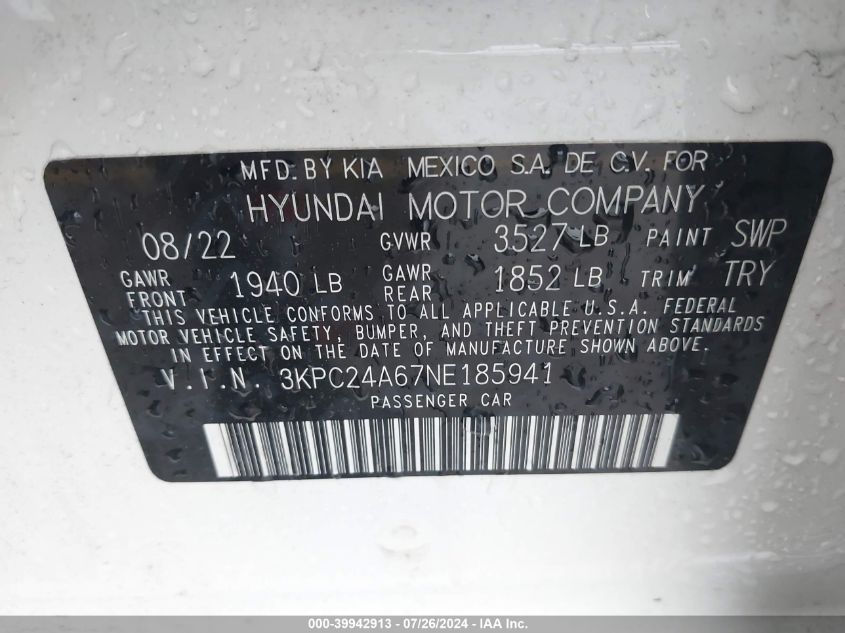 2022 Hyundai Accent Se/Sel VIN: 3KPC24A67NE185941 Lot: 39942913