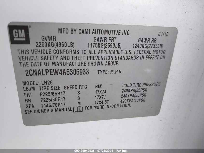 2010 Chevrolet Equinox Lt VIN: 2CNALPEW4A6306933 Lot: 39942925