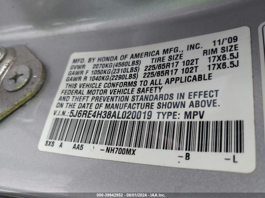 2010 Honda Cr-V Lx VIN: 5J6RE4H38AL020019 Lot: 39942952