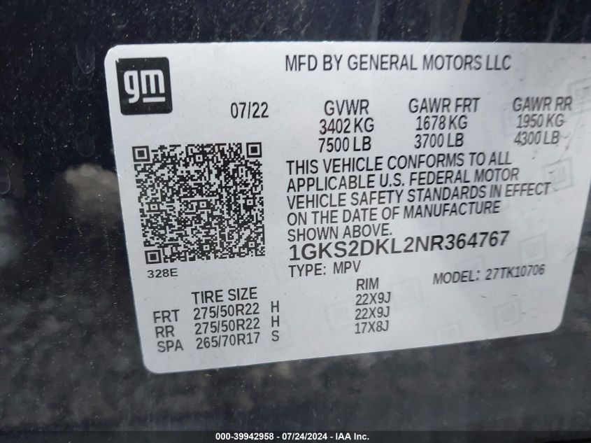 1GKS2DKL2NR364767 2022 GMC Yukon 4Wd Denali