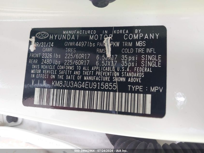 2014 Hyundai Tucson Se VIN: KM8JU3AG4EU915855 Lot: 39942964