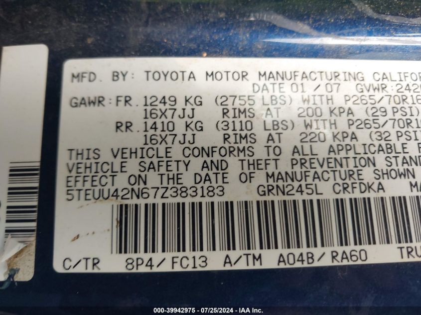 2007 Toyota Tacoma Base V6 VIN: 5TEUU42N67Z383183 Lot: 39942975