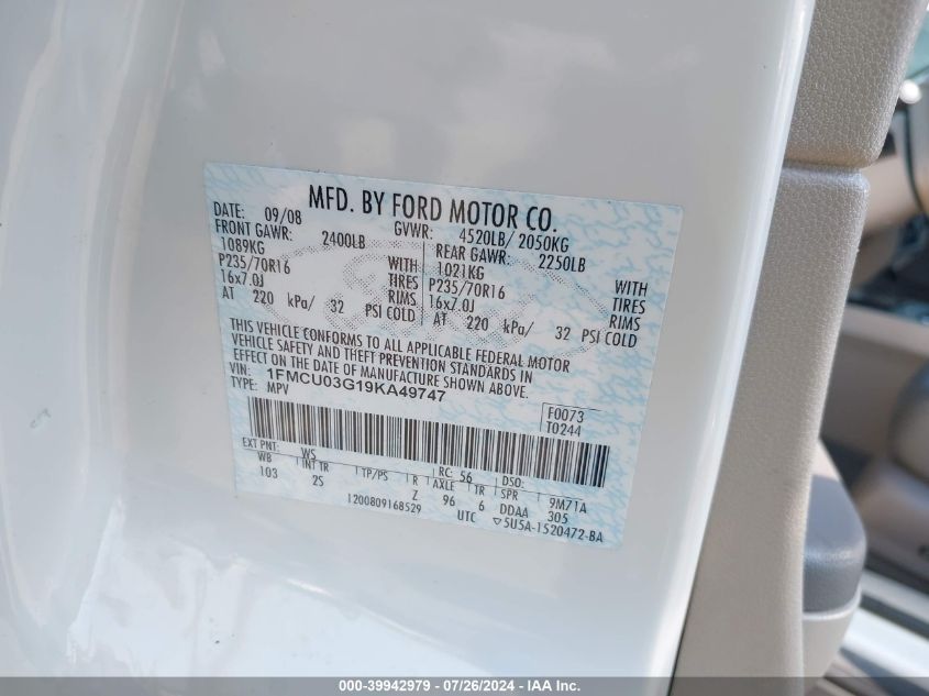 2009 Ford Escape Xlt VIN: 1FMCU03G19KA49747 Lot: 39942979