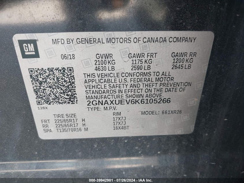 2019 Chevrolet Equinox Lt VIN: 2GNAXUEV6K6105266 Lot: 39942981