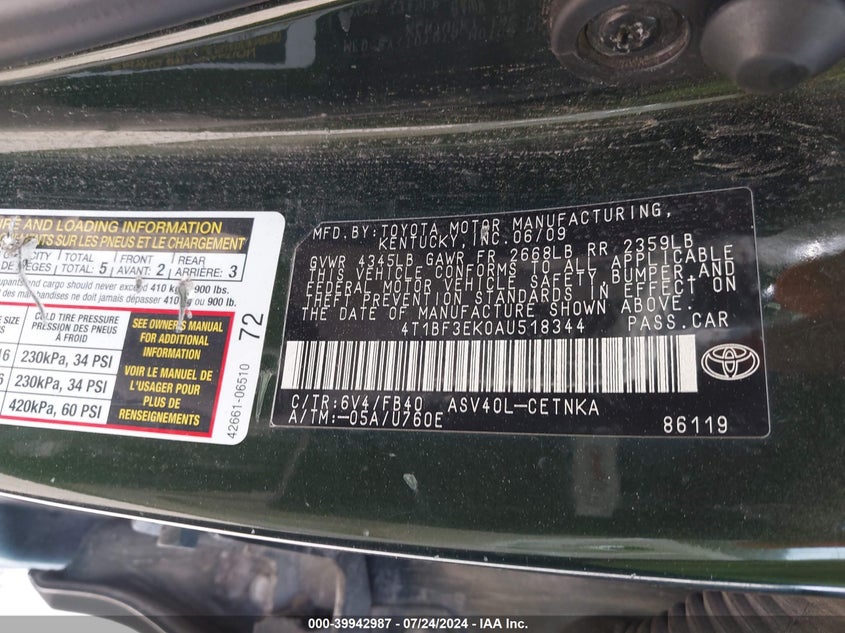 2010 Toyota Camry Le/Se/Xle VIN: 4T1BF3EK0AU518344 Lot: 39942987