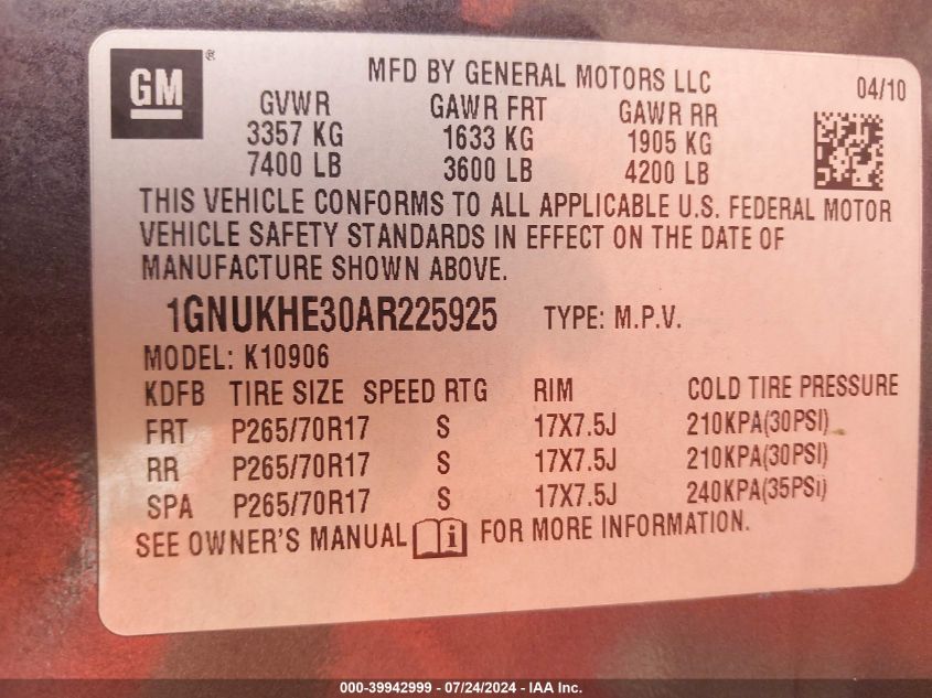 2010 Chevrolet Suburban 1500 Ls VIN: 1GNUKHE30AR225925 Lot: 39942999