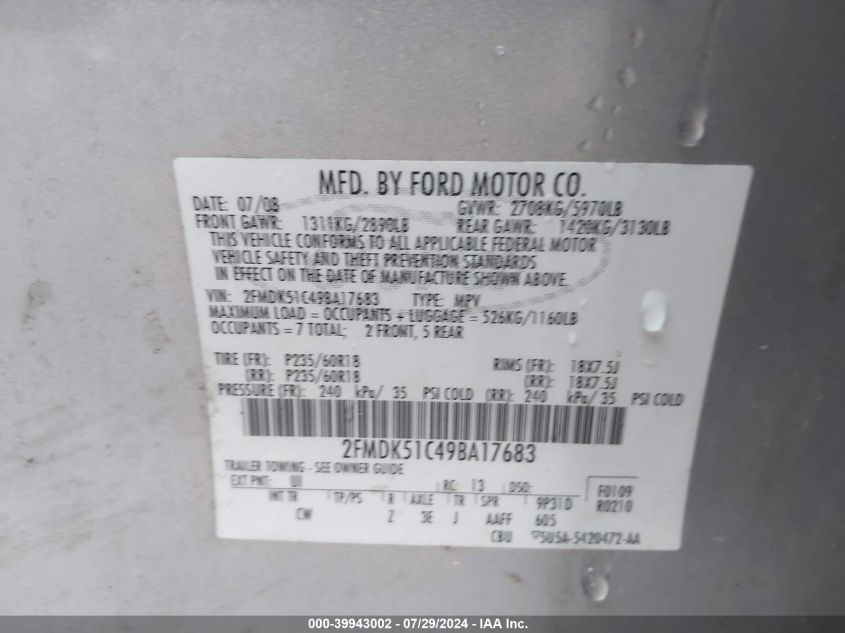 2009 Ford Flex Se VIN: 2FMDK51C49BA17683 Lot: 39943002