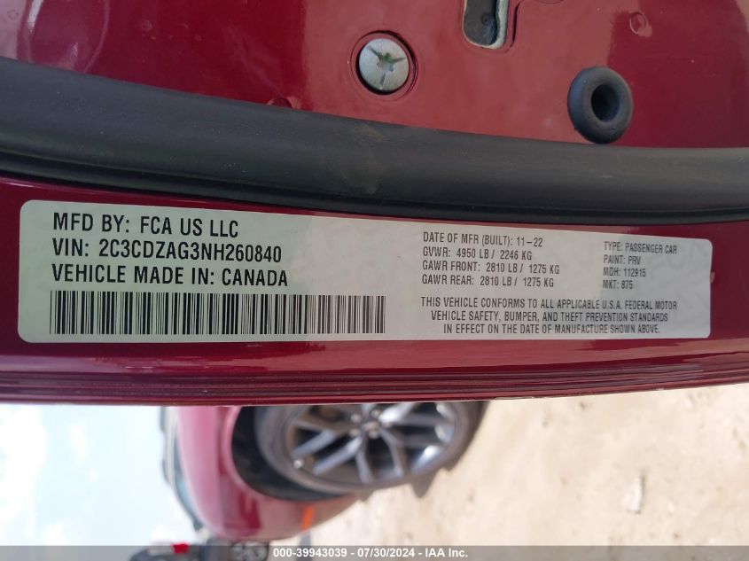 2022 Dodge Challenger Sxt VIN: 2C3CDZAG3NH260840 Lot: 39943039