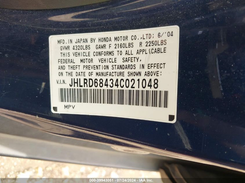 2004 Honda Cr-V Lx VIN: JHLRD68434C021048 Lot: 39943051