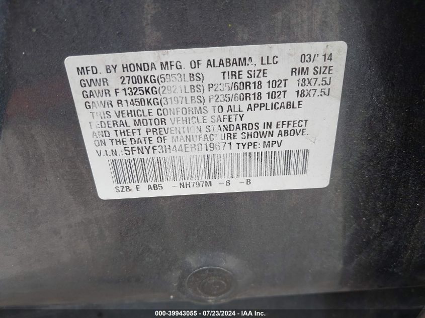 2014 Honda Pilot Ex VIN: 5FNYF3H44EB019671 Lot: 39943055