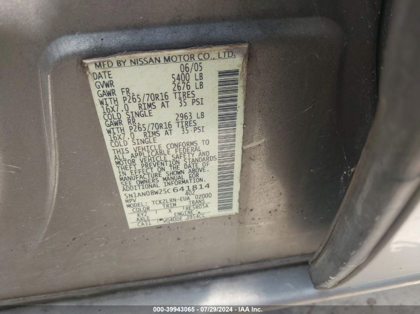 2005 Nissan Xterra S VIN: 5N1AN08W25C641814 Lot: 39943065