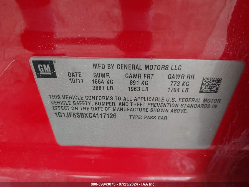 2012 Chevrolet Sonic 1Lz VIN: 1G1JF6SBXC4117126 Lot: 39943075