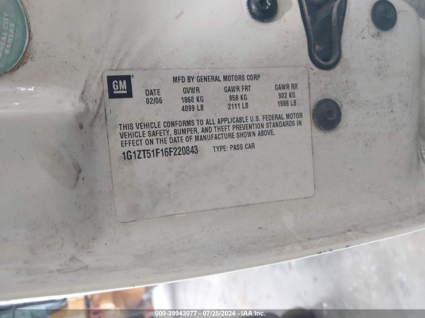 2006 Chevrolet Malibu Lt VIN: 1G1ZT51F16F220843 Lot: 39943077