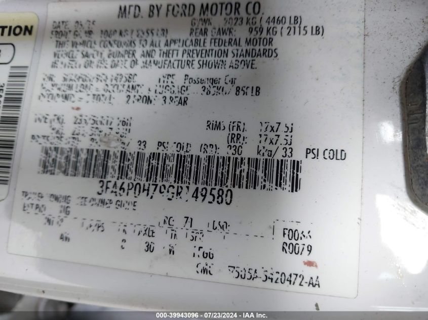 2016 Ford Fusion Se VIN: 3FA6P0H79GR149580 Lot: 39943096